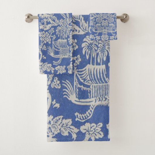 Blauw en Wit Chinoiserie Oriental 3 Stuk Luxe Bad Handdoek (Insitu)