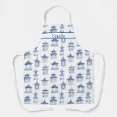 Blauw en wit Chinoiserie Pagode Schort (Voorkant)