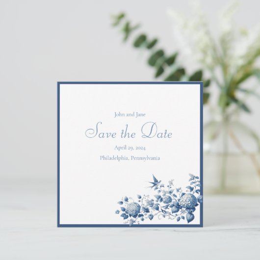 Blauw en Wit Chinoiserie Patroon Save The Date (Staand voorkant)