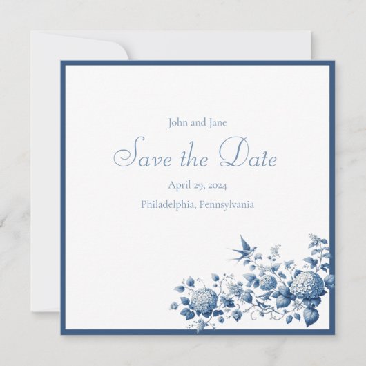 Blauw en Wit Chinoiserie Patroon Save The Date (Voorkant)