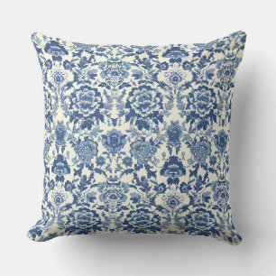 Blauw en wit chinoiserie pioen bloempatroon kussen