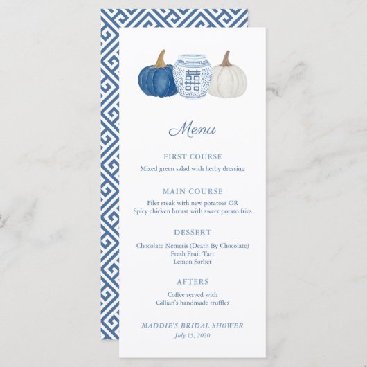 Blauw En Wit Chinoiserie Pompoenen Bruidsmeisjesfe Menu (Voorkant / Achterkant)