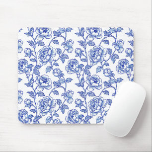 Blauw en wit chinoiserie roos pioen muismat