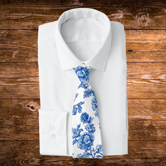 Blauw en wit chinoiserie roos pioenroos stropdas