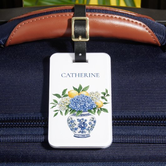 Blauw en wit chinoiserie vaas met hortensia's bagagelabel (Voorkant Insitu 2)