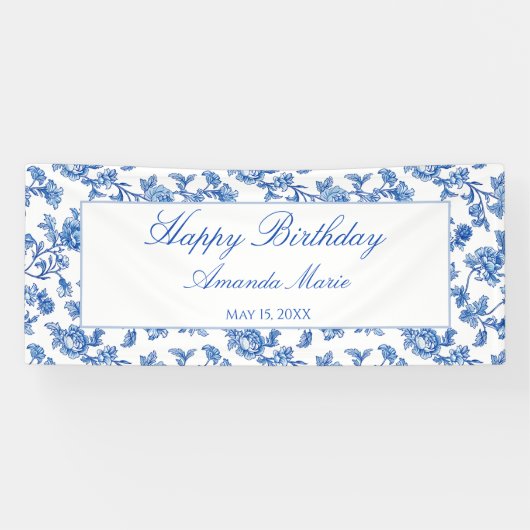 Blauw en wit Chinoiserie Verjaardag Spandoek (Horizontaal)