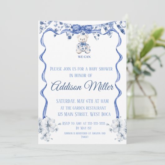 Blauw en wit Chinoiserie, We Can Bearly Wait Kaart (Staand voorkant)