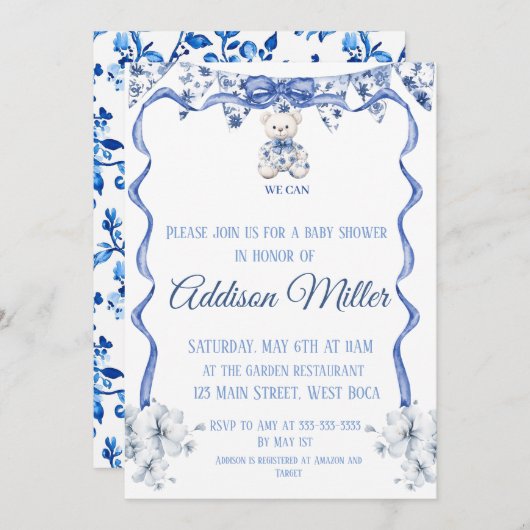 Blauw en wit Chinoiserie, We Can Bearly Wait Kaart (Voorkant / Achterkant)