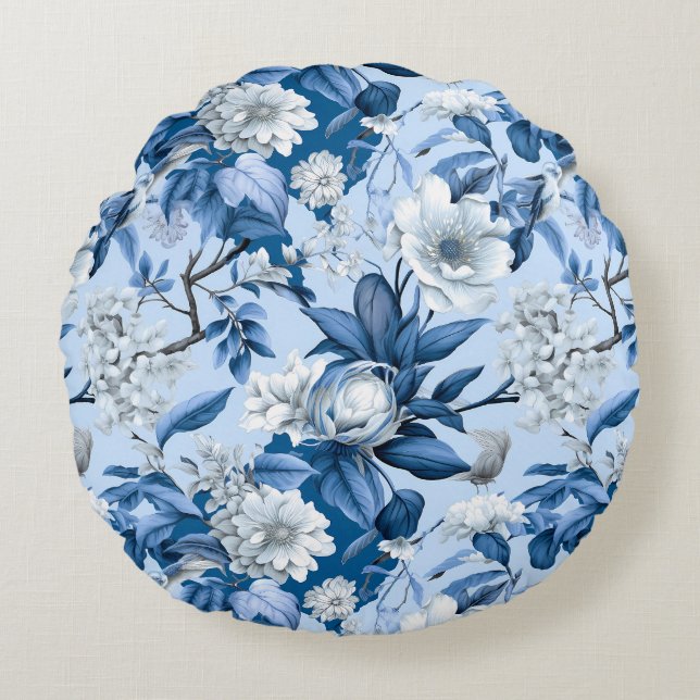 Blauw en wit Chinoserie-serie Design 3 Rond Kussen (Voorkant)