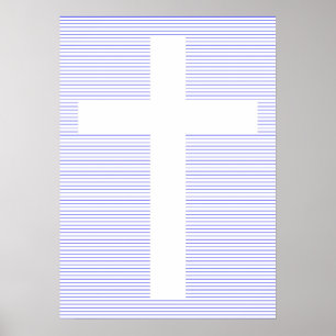 Blauw en wit Christelijk Cross Minimalist Line Art Poster