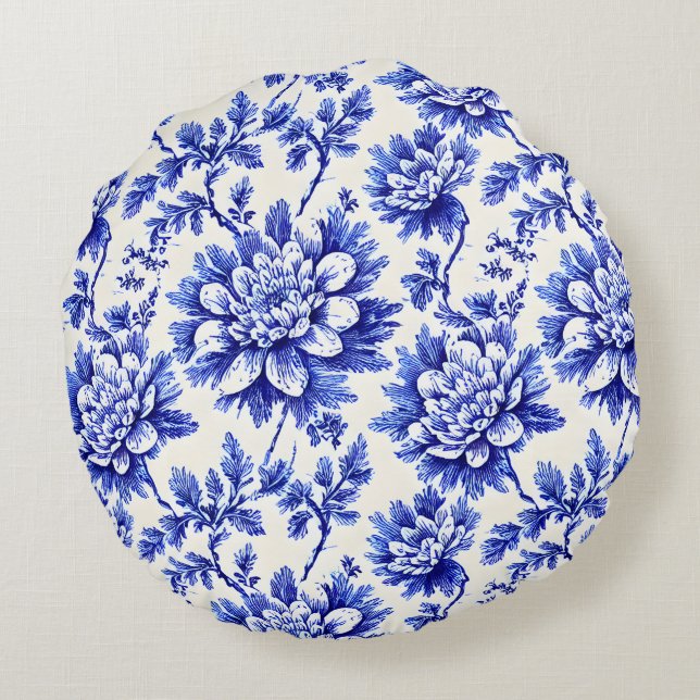 Blauw en wit chrysanthemum Frans country decor Rond Kussen (Achterkant)