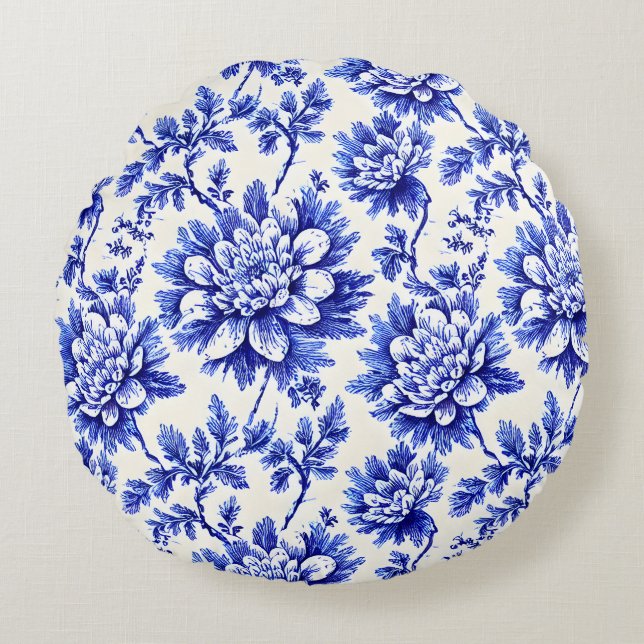 Blauw en wit chrysanthemum Frans landelijk decor Rond Kussen (Voorkant)