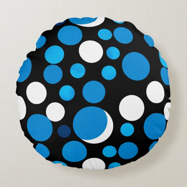 Blauw en Wit Cirkelpatroon Rond Kussen (Voorkant)