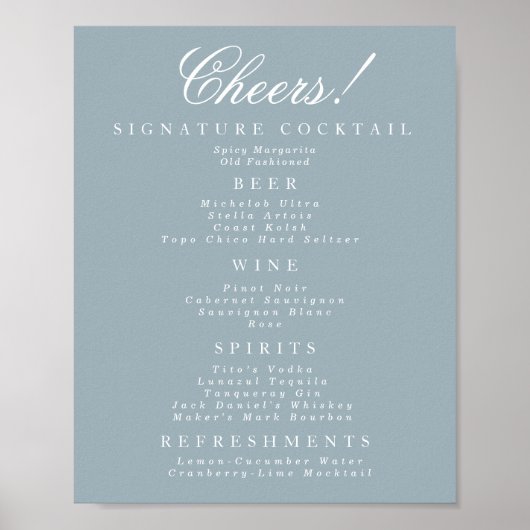 Blauw en Wit Classic Bar Menu Poster (Voorkant)