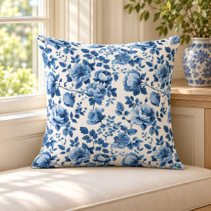 Blauw en wit cottage bloemmotief kussen