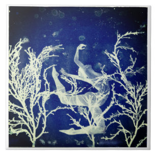 Blauw en Wit Cyanotype Onderzee Danser Tegeltje