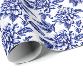Blauw en wit Dahlia Bloemen Toile de Jouy Cadeaupapier (Rol Hoek)