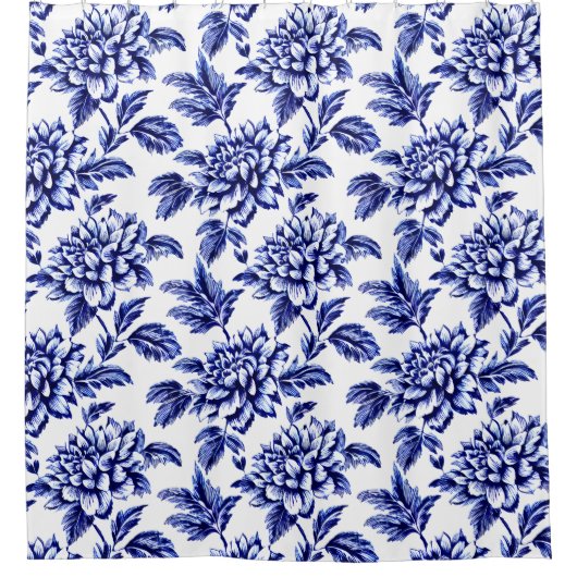Blauw en wit Dahlia Bloemen Toile de Jouy Douchegordijn (Voorkant)