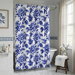 Blauw en wit dahlia bloemen Toile de Jouy Douchegordijn