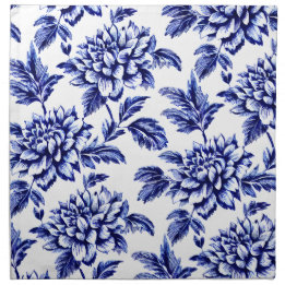 Blauw en wit Dahlia Bloemen Toile de Jouy Katoenen Servet