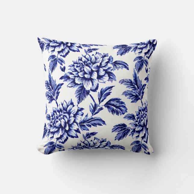 Blauw en wit Dahlia Bloemen Toile de Jouy Kussen (Voorkant)