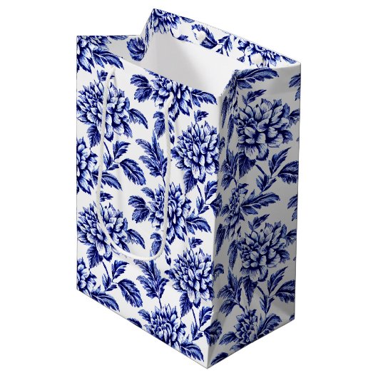Blauw en wit Dahlia Bloemen Toile de Jouy Medium Cadeauzakje (Voorkant Gekanteld)