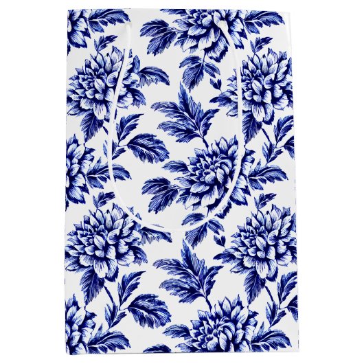 Blauw en wit Dahlia Bloemen Toile de Jouy Medium Cadeauzakje (Voorkant)