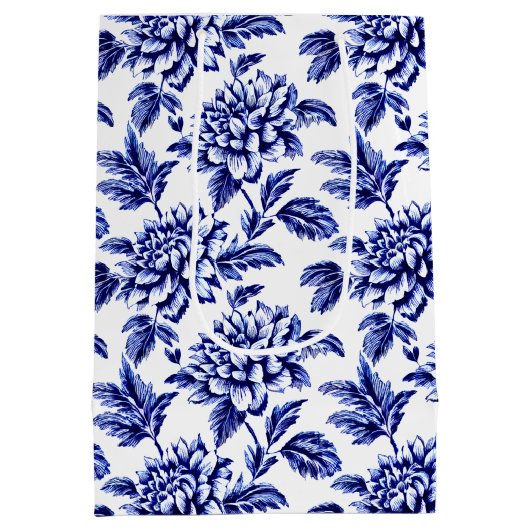 Blauw en wit Dahlia Bloemen Toile de Jouy Medium Cadeauzakje (Achterkant)