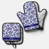 Blauw en wit Dahlia Bloemen Toile de Jouy Ovenwant & Pannenlap Set (Voorkant / Achterkant)