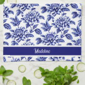 Blauw en wit Dahlia Bloemen Toile de Jouy Theedoek (Gevouwen)