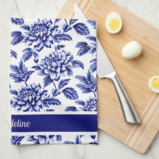 Blauw en wit Dahlia Bloemen Toile de Jouy Theedoek (Quarter Fold)