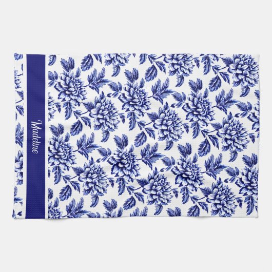 Blauw en wit Dahlia Bloemen Toile de Jouy Theedoek (Horizontaal)