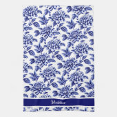 Blauw en wit Dahlia Bloemen Toile de Jouy Theedoek (Verticaal)