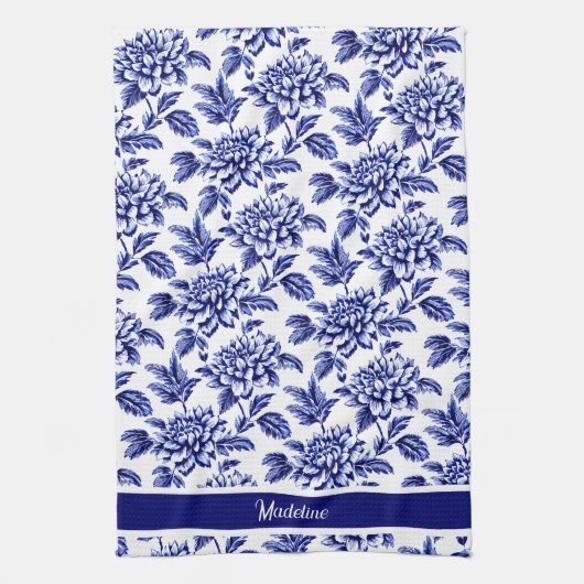 Blauw en wit Dahlia Bloemen Toile de Jouy Theedoek (Verticaal)