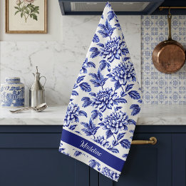 Blauw en wit dahlia bloemen Toile de Jouy Theedoek