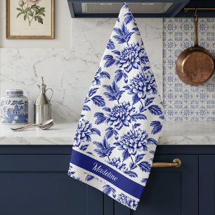 Blauw en wit dahlia bloemen Toile de Jouy Theedoek