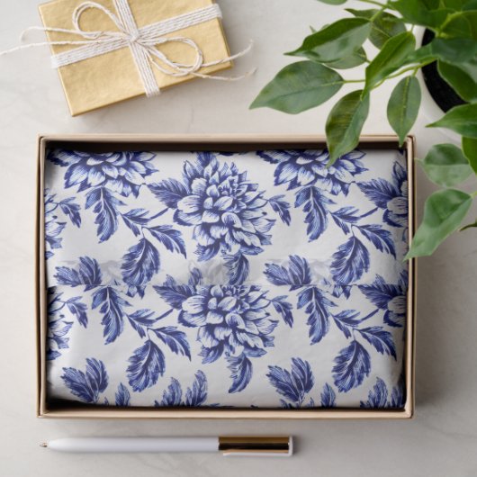 Blauw en wit Dahlia Bloemen Toile de Jouy Tissuepapier (Geschenk)