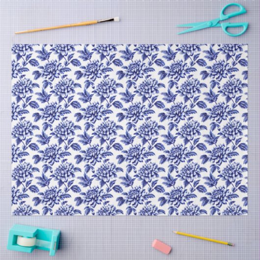 Blauw en wit Dahlia Bloemen Toile de Jouy Tissuepapier (Craft)