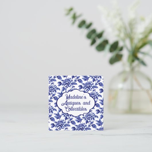 Blauw en wit Dahlia Bloemen Toile de Jouy Vierkante Visitekaartje (Staand voorkant)