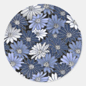 Blauw en Wit Daisy Patroon Ronde Sticker (Voorkant)