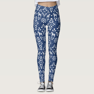 Blauw en wit Dala Horse Folk Art Pattern Leggings