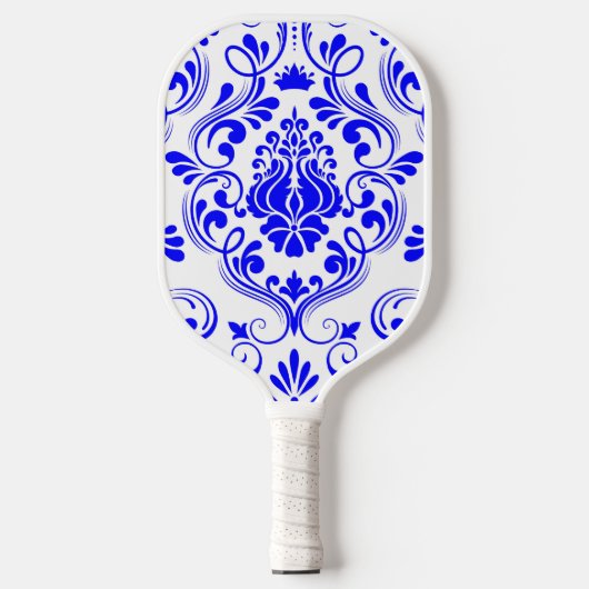 Blauw en wit Damask Bloemen Pickleball Paddle (Voorkant)