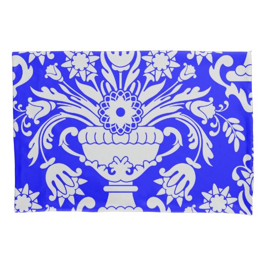 Blauw en Wit Damask Floral Elegant Kussensloop (Voorkant)