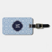 Blauw en wit Damask Monogram Bagagelabel (Voorkant horizontaal)