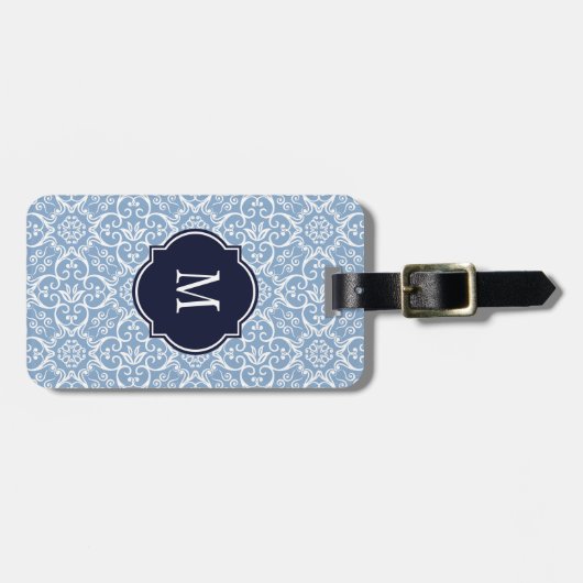 Blauw en wit Damask Monogram Bagagelabel (Voorkant horizontaal)