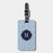 Blauw en wit Damask Monogram Bagagelabel (Voorkant verticaal)