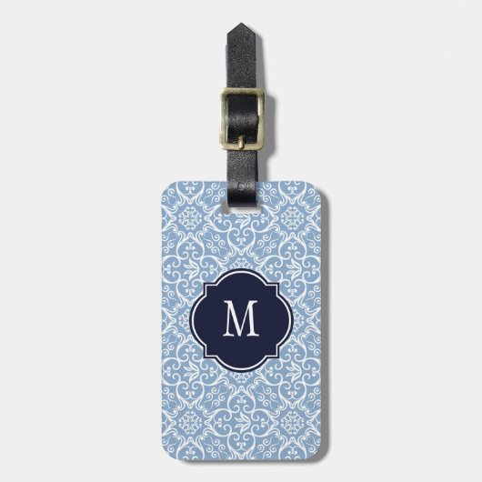 Blauw en wit Damask Monogram Bagagelabel (Voorkant verticaal)