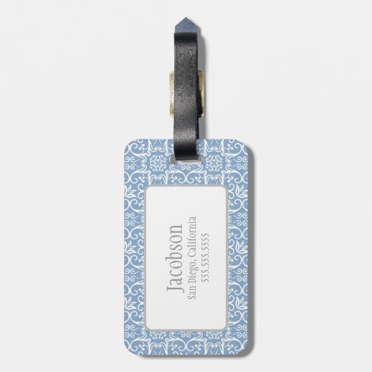 Blauw en wit Damask Monogram Bagagelabel (Achterkant verticaal)