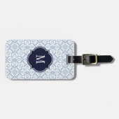 Blauw en wit Damask Monogram Bagagelabel (Voorkant horizontaal)