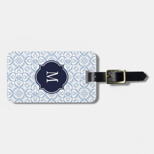 Blauw en wit Damask Monogram Bagagelabel (Voorkant horizontaal)